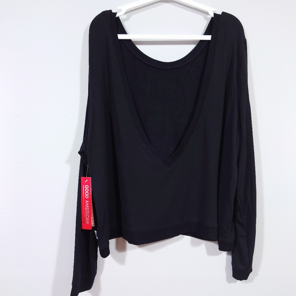 GOOD AMERICAN Black Modal Top – Open Back V – Size S – NWT